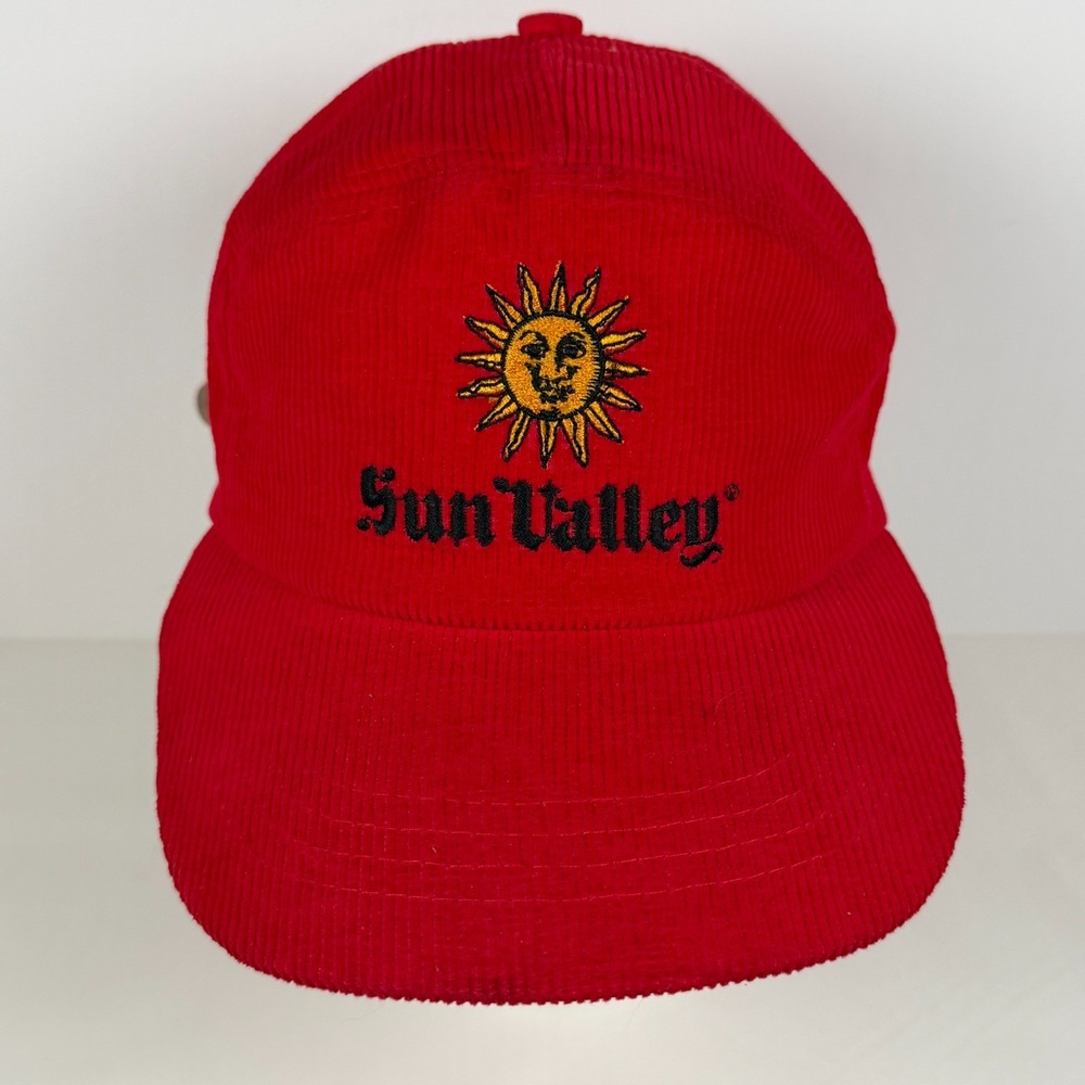 VTG Sun Valley Logo Snapback Hat Red One Size Embroidered Corduroy Outdoor 80s